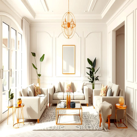 Luxury living room interior with furniture. 3d render illustration