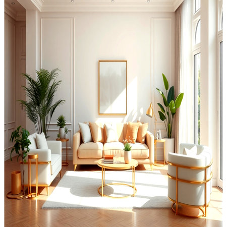 Interior of modern living room with white walls, parquet floor, beige sofa and armchair near window....