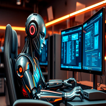 Cyborg working on computer in the office. 3D rendering.