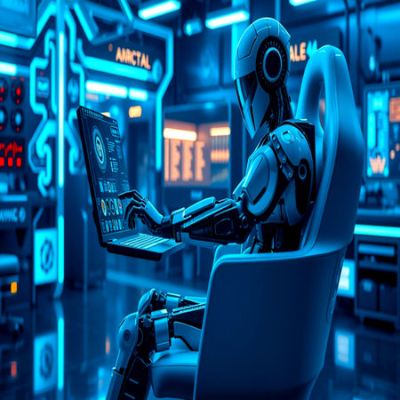 3d rendering humanoid robot working with a laptop in a dark room