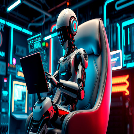 Robot working on a laptop in the spaceship. 3D rendering.の写真素材