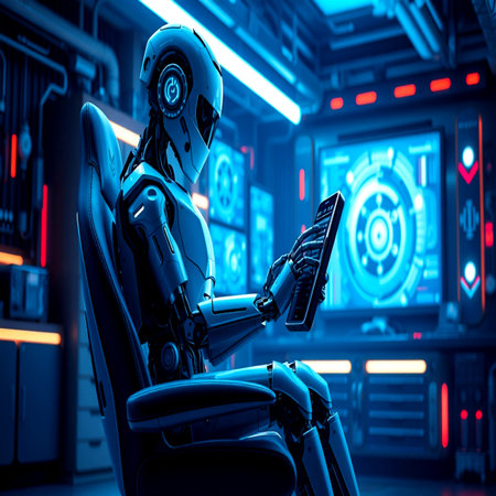 3d rendering robot with tablet pc in the dark blue room.の写真素材