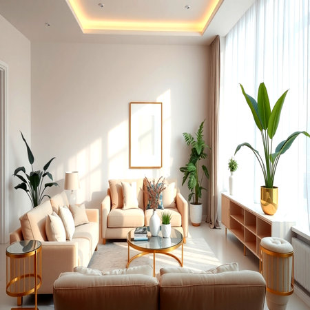 3d render of modern living room interior with beige armchairsの写真素材