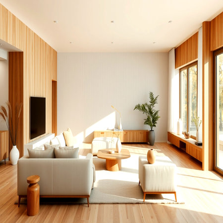Interior of modern living room with wooden walls, wooden floor, comfortable sofa and coffee table....