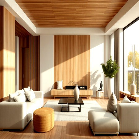 Interior of modern living room with wooden walls, wooden floor, comfortable sofa and coffee table. 3d renderの写真素材