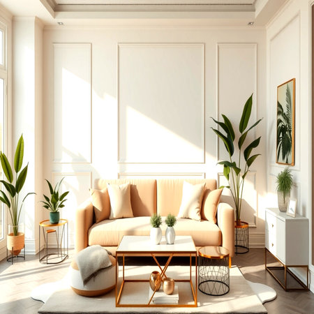 Interior of living room with beige sofa, coffee table and plants. 3d render