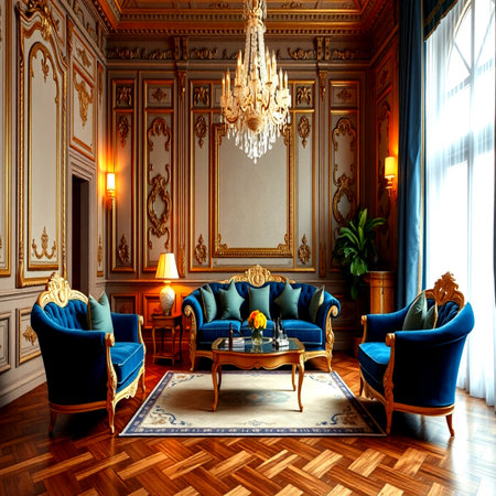 Luxury classic interior of royal hotel room. 3D renderの写真素材