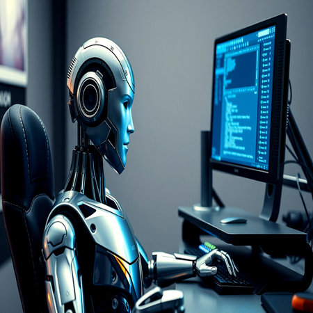 Cyborg robot in front of computer screen. 3D rendering.の写真素材