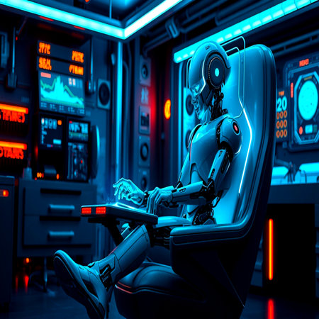 Robot sitting on a chair in the spaceship. 3D rendering.の写真素材