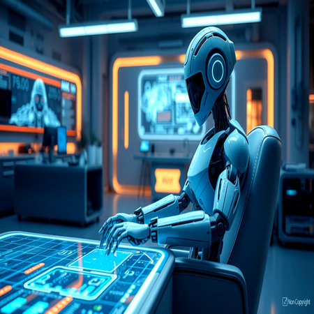 3d rendering humanoid robot working on a computer in a bright roomの写真素材