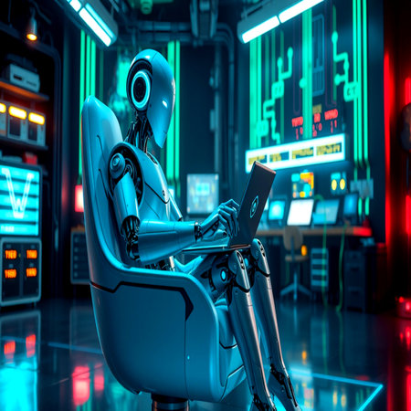 3d rendering humanoid robot working with laptop computer in a dark roomの写真素材
