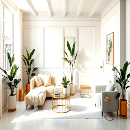 3d render interior of living room with sofa and plants in potsの写真素材