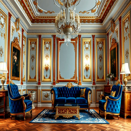 Luxury interior of the royal palace. Classic furniture, armchairs and fireplace.の写真素材