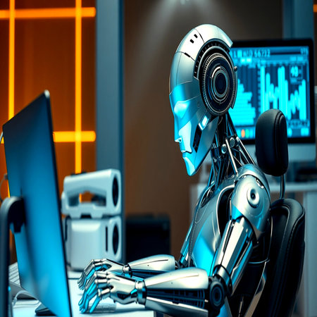 3d rendering robot working with computer in dark office. Artificial intelligence conceptの写真素材