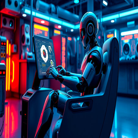 3d rendering humanoid robot working on a computer in a dark roomの写真素材