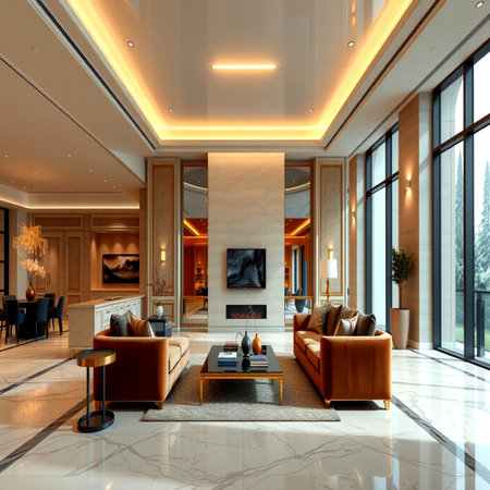 3d rendering luxury living room with fireplace and sofas in hotelの写真素材