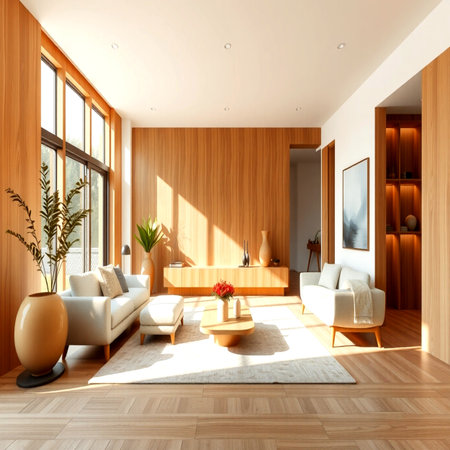 Interior of modern living room with wooden wall, wooden floor, comfortable sofa and coffee table. 3d renderの写真素材