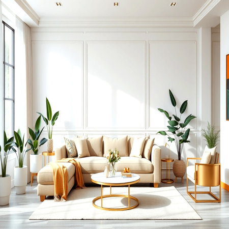 Modern living room interior with yellow sofa and plants.の写真素材