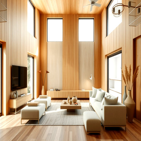 Interior of modern living room with wooden wall and floor, 3d renderの写真素材