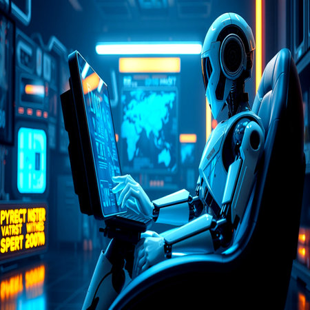 3d rendering humanoid robot working on a computer in the dark backgroundの写真素材