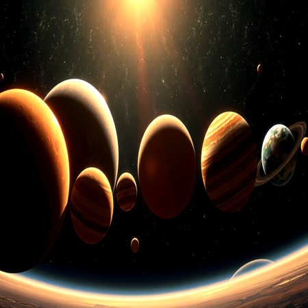 Solar system planets in space with sun ray. 3D illustration.