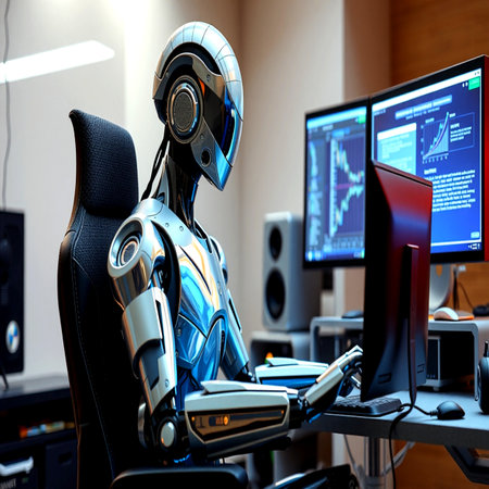 Robot sitting in front of computer monitors. 3D rendering.の写真素材