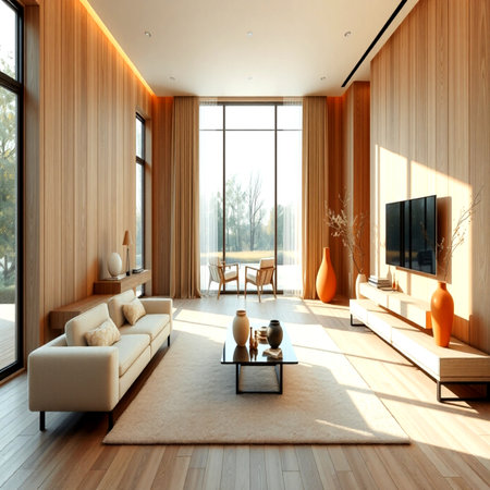 Interior of modern living room with wooden wall and wooden floor. 3d render
