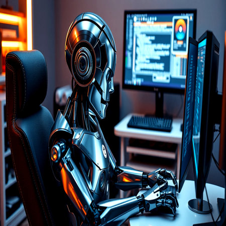 Robot sitting in front of computer monitor. 3D rendering.の写真素材