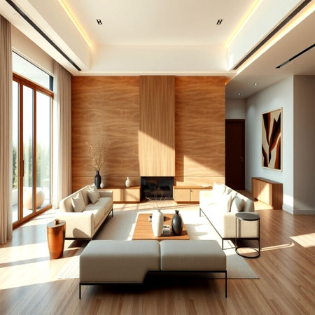 Interior of modern living room with wooden walls, wooden floor and comfortable sofa. 3d renderの写真素材