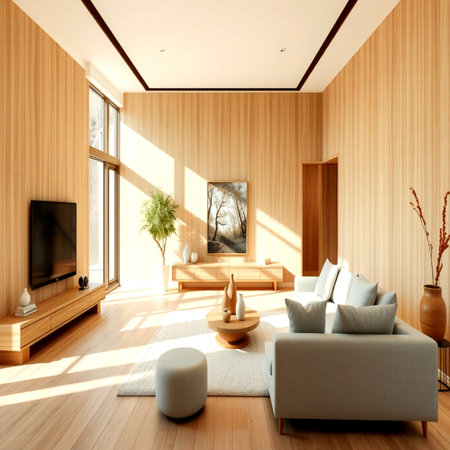 Interior of modern living room with wooden walls, wooden floor and comfortable sofa. 3d renderの写真素材