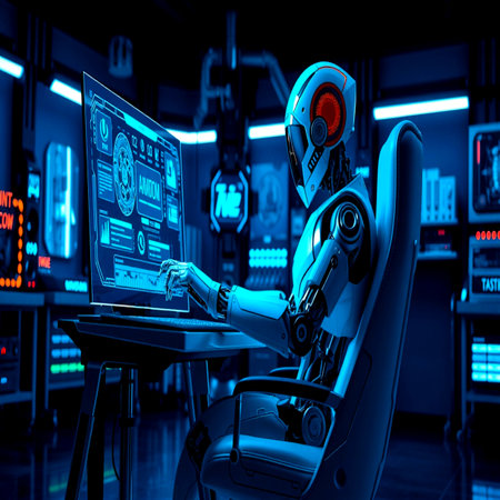 3d rendering humanoid robot working with computer in dark room, artificial intelligence concept