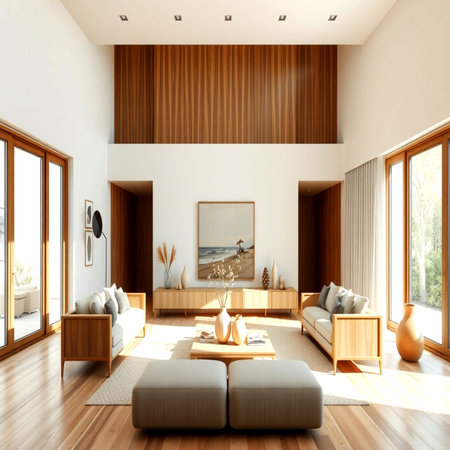 Interior of modern living room 3D rendering.There are wooden floor and white wallsの写真素材