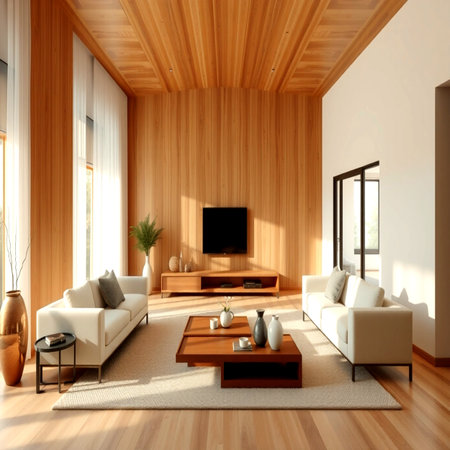 Interior of modern living room with wooden walls, 3d renderの写真素材