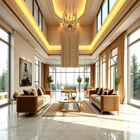 3d render interior of a living room with a large window.の写真素材