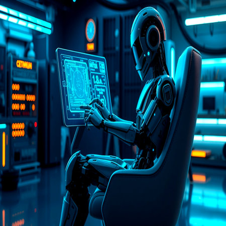 3d rendering humanoid robot working with computer tablet in dark room.の写真素材