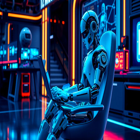 3d rendering humanoid robot working with a laptop in a dark roomの写真素材