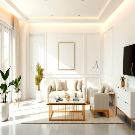 Interior of living room with white walls, tiled floor, beige sofa with beige armchair and TV. 3d renderの写真素材