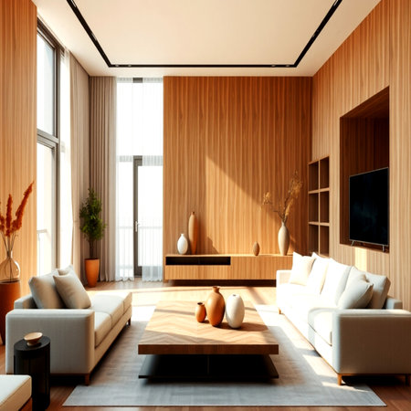 Interior of modern living room with wooden wall, sofa and coffee table. 3d renderの写真素材