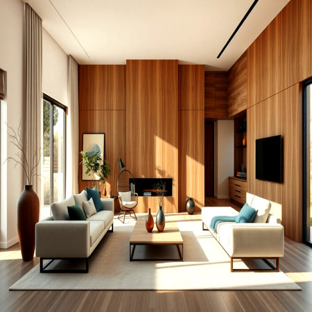 Interior of modern living room with wooden wall, 3d renderの写真素材