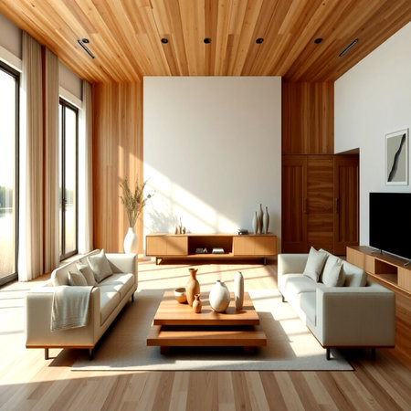Interior of modern living room with wooden walls, wooden floor, white sofa and coffee table. 3d renderの写真素材