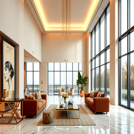 Interior of modern living room with large windows, 3d renderの写真素材