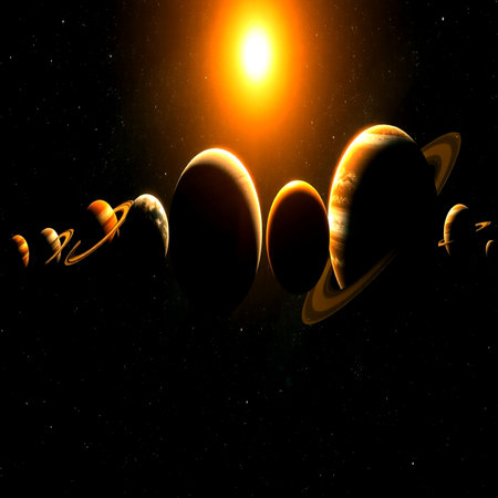 Solar system with planets and sun in space. 3D illustration.の写真素材