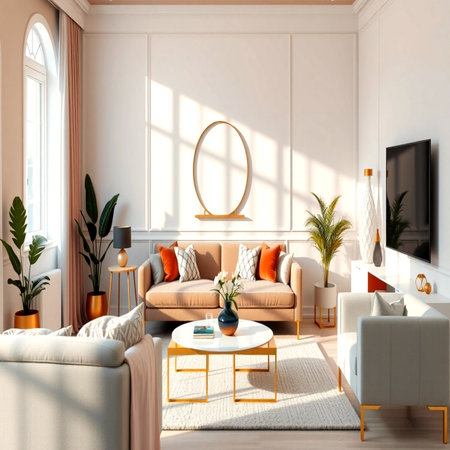 Interior of modern living room with white walls, beige sofa, round mirror and coffee table. 3d renderの写真素材