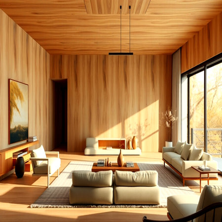 Interior of modern living room with wooden walls, wooden floor, comfortable sofa and coffee table. 3d renderの写真素材