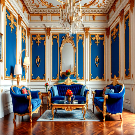 Luxury royal interior of the house. Classic blue furniture, rich baroque decor. 3d renderの写真素材