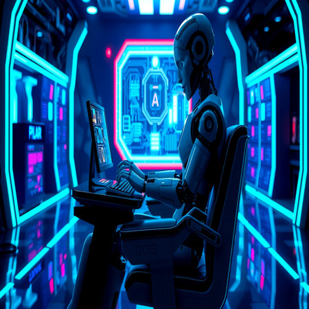 3d rendering humanoid robot working on laptop computer in dark futuristic roomの写真素材