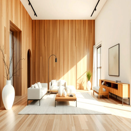 Modern bright interiors 3D rendering illustration. Living room with wooden floorの写真素材