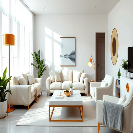 Luxury living room interior with white sofa, coffee table and poster. 3d renderの写真素材