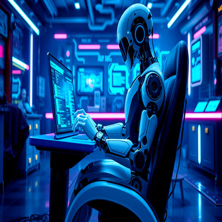 3d rendering humanoid robot working with laptop computer in dark spaceship interiorの写真素材
