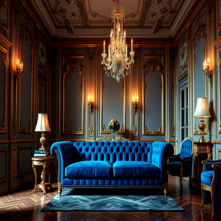 Luxury classic interior of the room with a blue sofa. 3d renderの写真素材